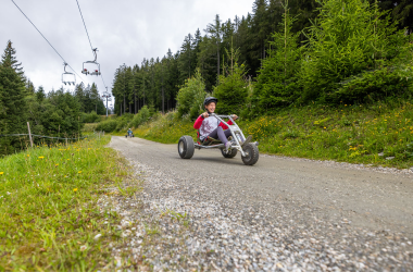 Ein Mountaincart wird auf einer holprigen Bergstraße gesteuert, während im Hintergrund die wunderschöne Natur zu sehen ist., © Stefan Wallner Bergabwärts ins Vergnügen