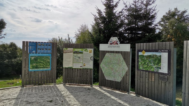 Hiking starting point, © Wiener Alpen Information boards at the hiking starting point in Mönichkirchen with maps and information, surrounded by trees.