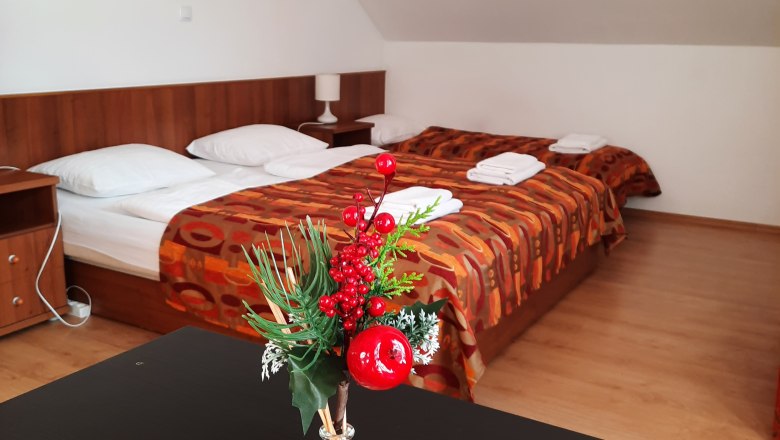 A cozy bedroom with two beds, decorated with red berries in a vase in the foreground.