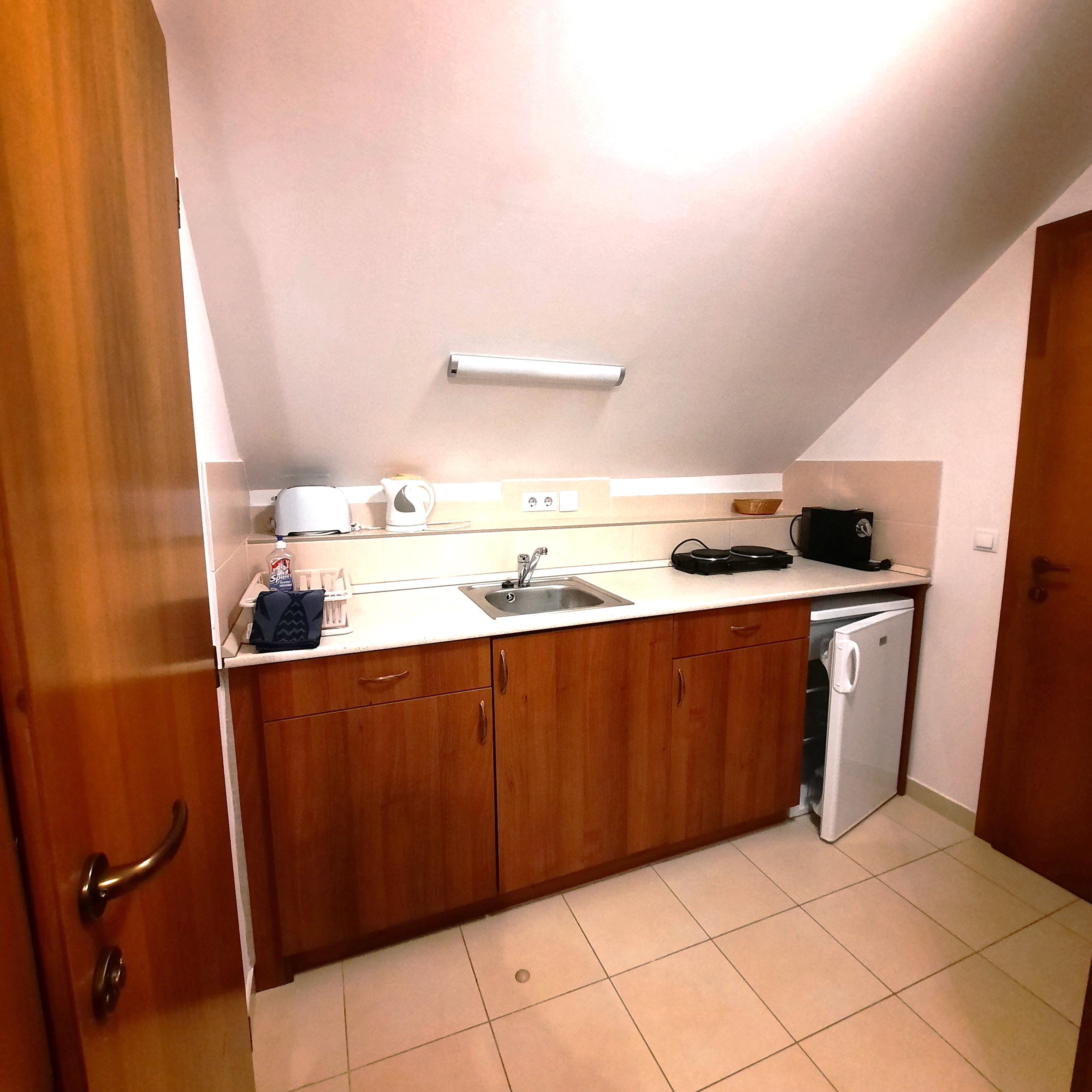 Kleine Küchenzeile mit Holzschränken, Spüle, Toaster, Wasserkocher und Mini-Kühlschrank unter einer Dachschräge.