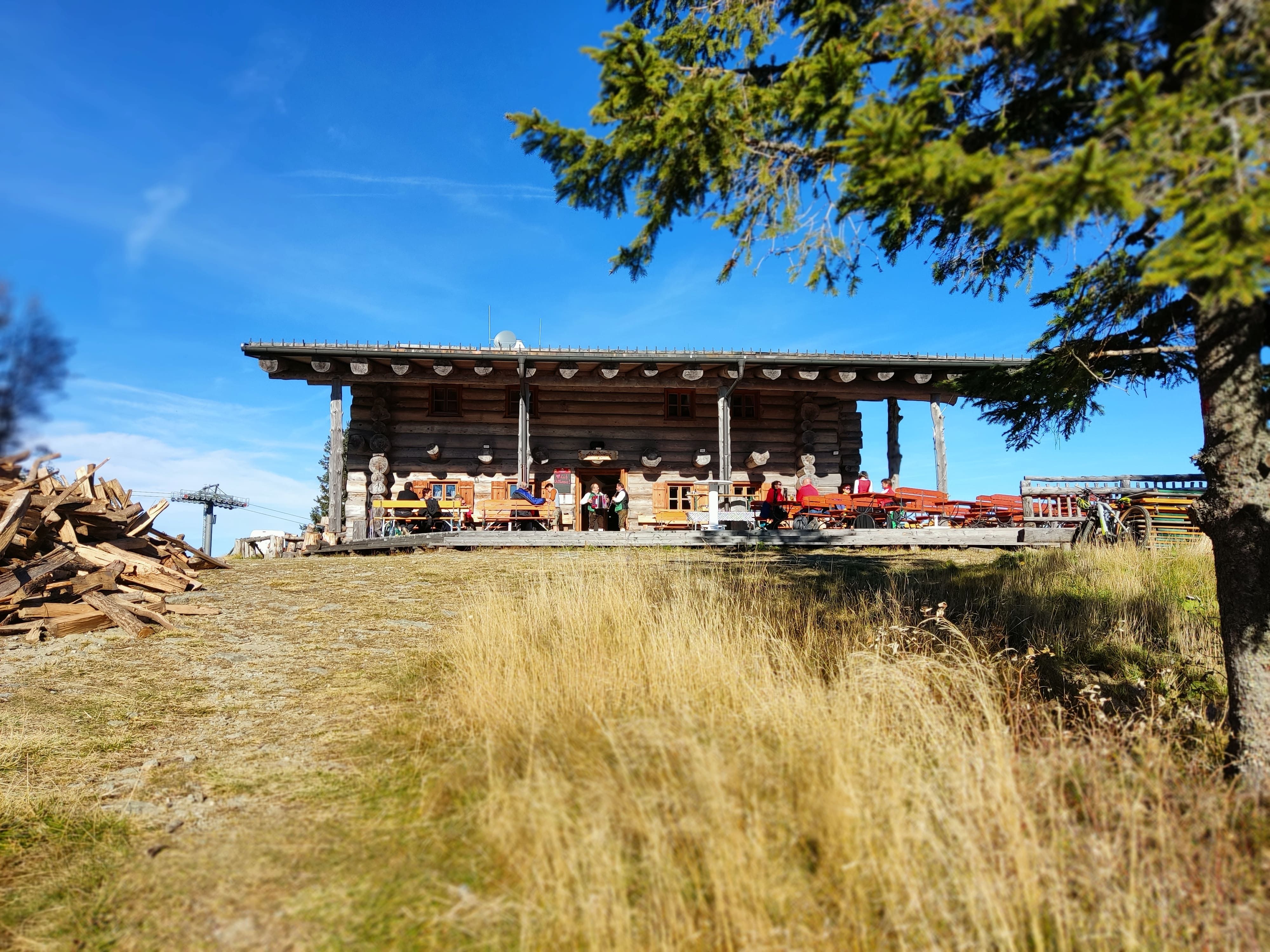Holzhütte auf einer Almwiese mit blauen Himmel und Baum im Vordergrund.
