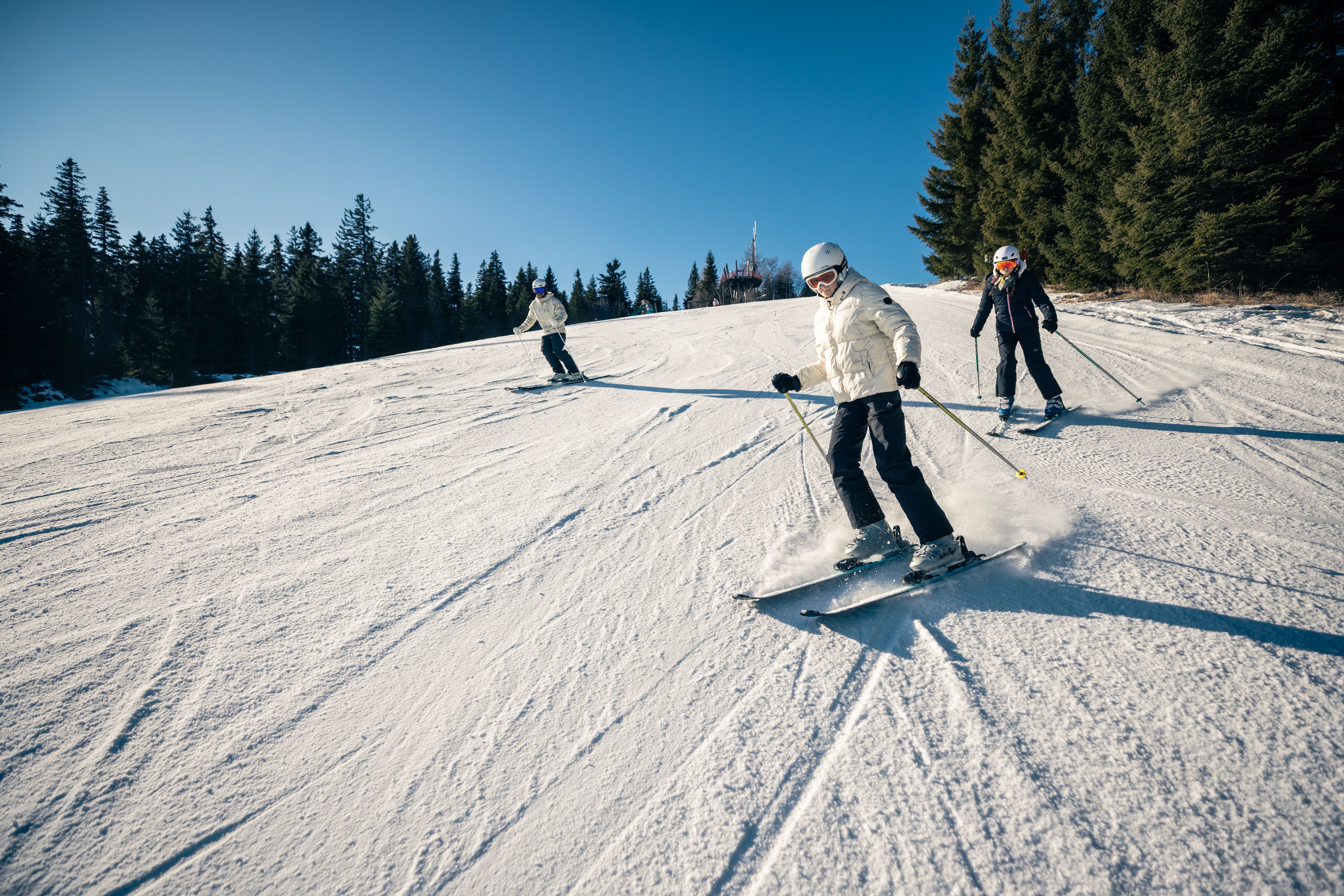Drei Personen fahren bei sonnigem Wetter gemeinsam Ski auf einer präparierten Piste.