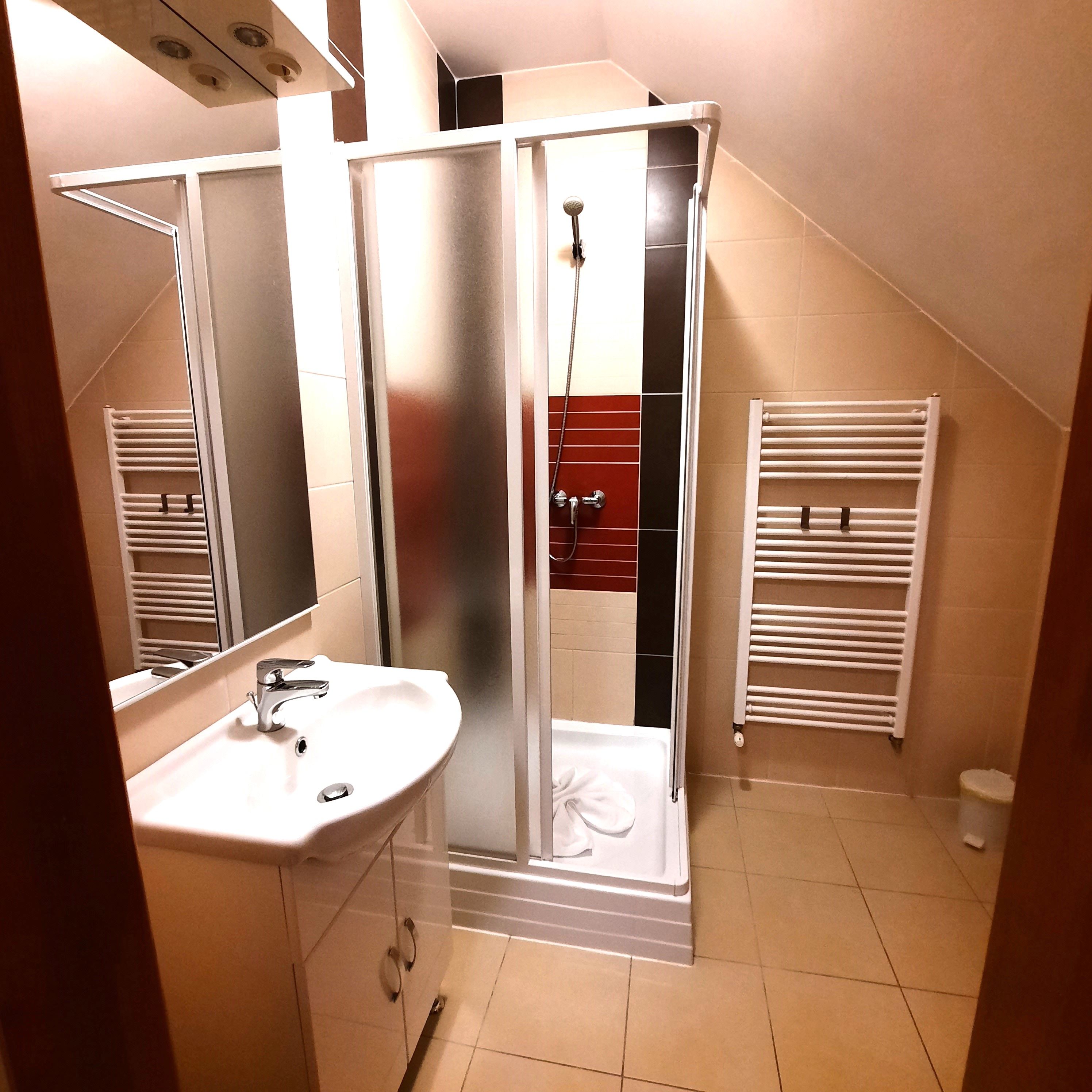 Modernes Badezimmer mit Dusche, Waschbecken und Handtuchheizkörper.