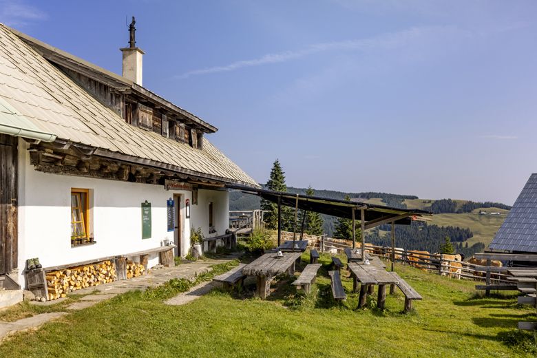 Traditionelle Berghütte mit Holztischen und Bänken im Freien, umgeben von grünen Wiesen und bewaldeten Hügeln unter blauem Himmel.
