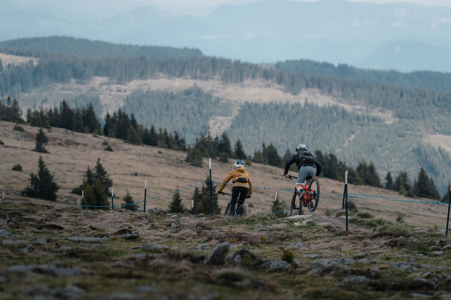Zwei Mountainbiker fahren einen Pfad in den Bergen hinunter, umgeben von Wäldern und Hügeln.