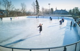 Menschen beim Eislaufen auf einem Freiluft-Eislaufplatz mit B&auml;umen im Hintergrund.