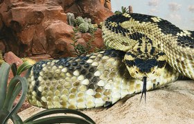 Eine gro&szlig;e Schlange mit gemusterten Schuppen liegt auf sandigem Boden vor einer felsigen Kulisse.