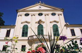 Fassade von Schloss Kirchstetten mit gr&uuml;nen Fensterl&auml;den und Blumen im Vordergrund.