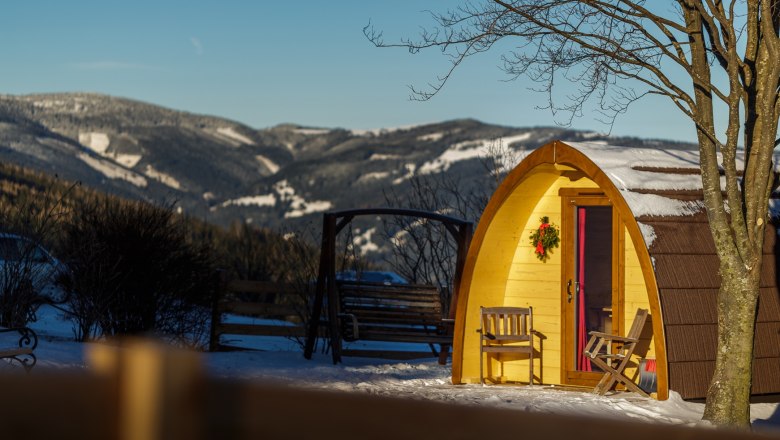 Ein kleines, holzverkleidetes Häuschen im Schnee mit Berglandschaft im Hintergrund.