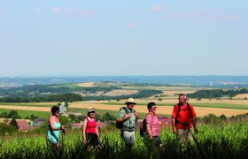 Gruppe von Wanderern auf einem Feldweg mit weiter Landschaft im Hintergrund.