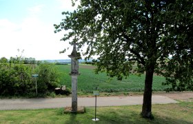 Steinkreuz neben einem Baum auf einer Wiese mit Blick auf Felder.