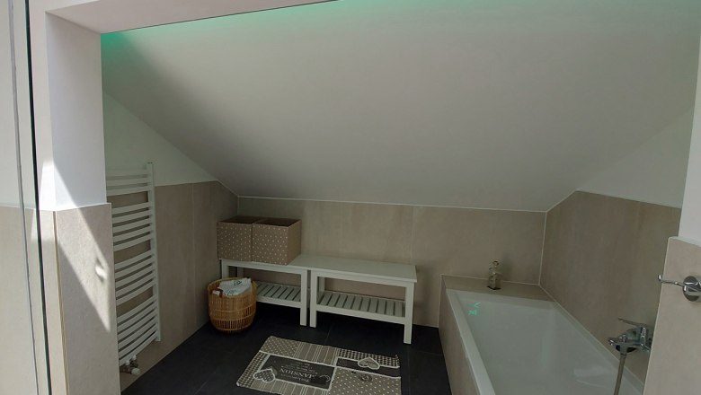 Modern bathroom with bathtub, sloping ceiling, towel rail and decoration.