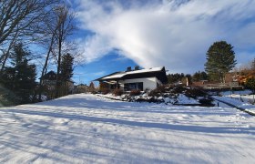 Winterlandschaft mit einem Haus im Schnee, umgeben von Bäumen und blauem Himmel.