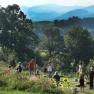 Group of people doing yoga outdoors in front of a picturesque mountain landscape.