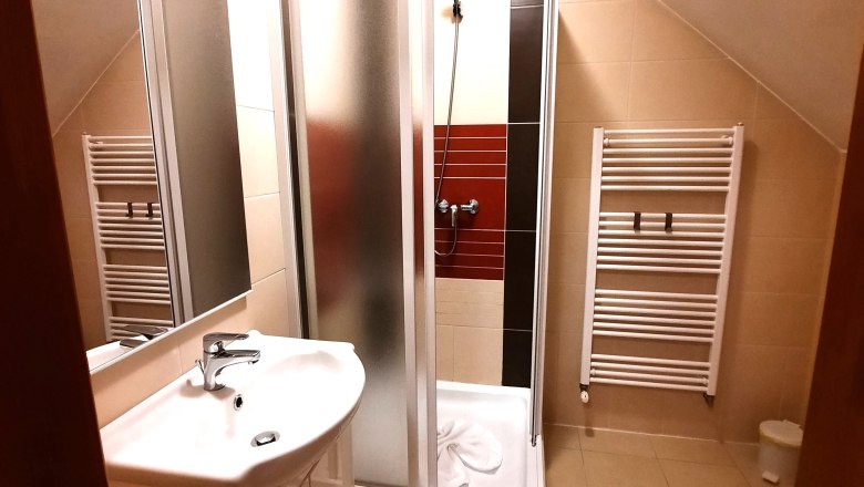 Modern bathroom with shower, washbasin and towel radiator.