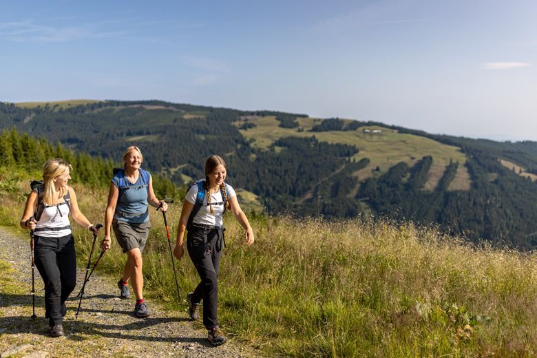 Drei Frauen wandern auf einem Bergpfad mit Wanderstöcken und Rucksäcken, umgeben von grünen Hügeln und Wäldern.