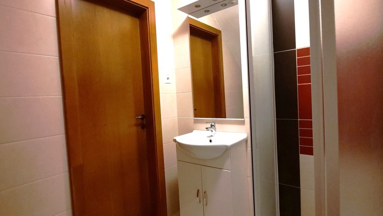 Modernes Badezimmer mit Holzt&uuml;r, Waschbecken und Dusche.